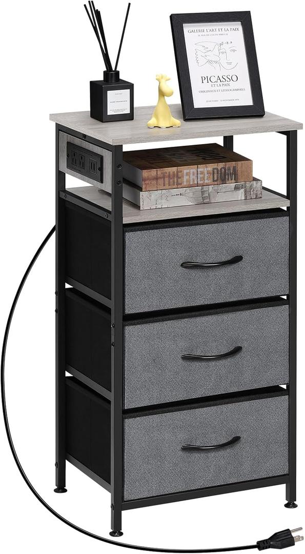 LIANTRAL Nightstand with Charging Station, Dresser with 3 Fabric Chest of Drawers, Dresser Storage for Bedroom, Hallway, Closet, Living Room, Dorm(Grey)
