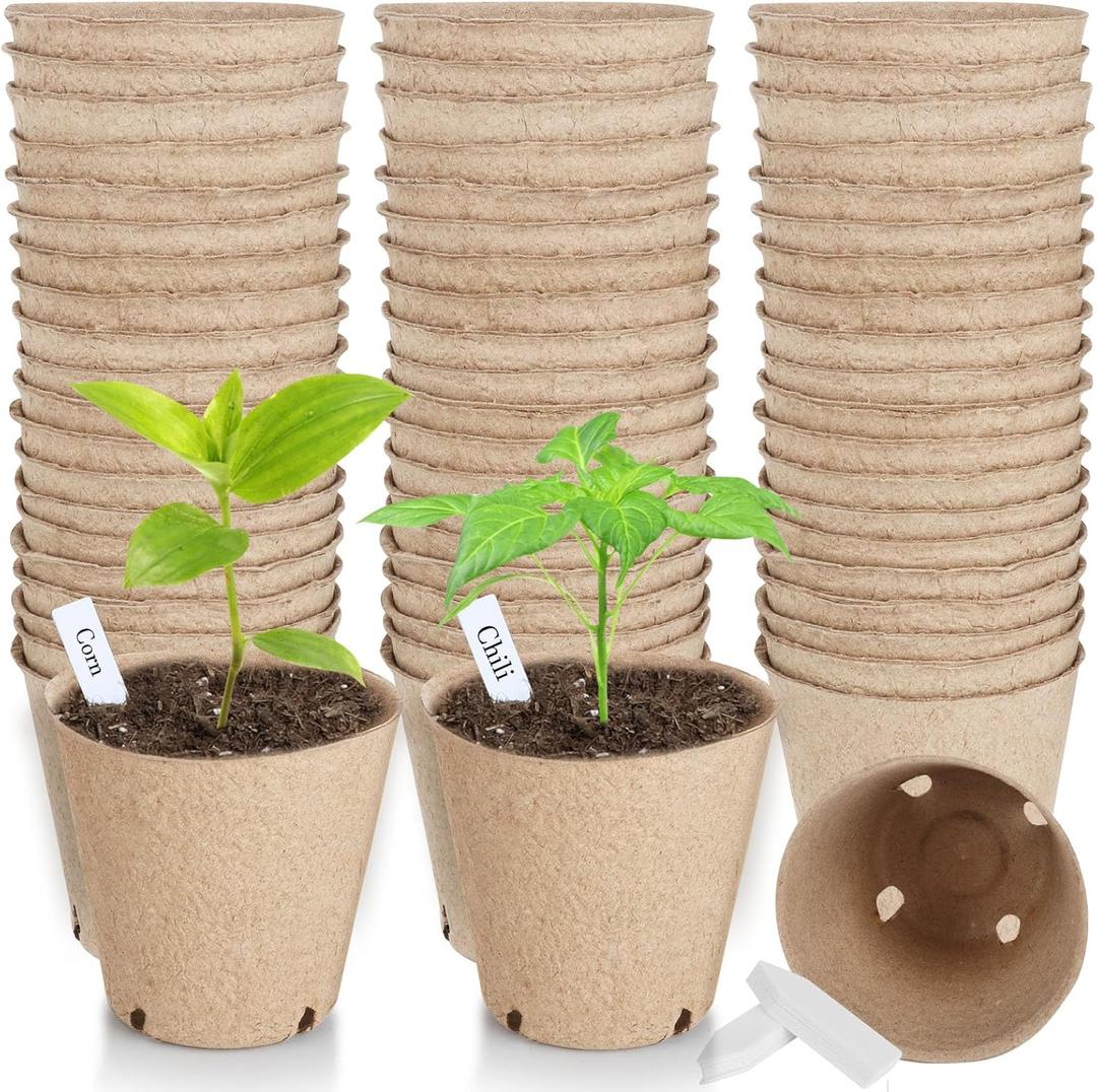 65 Pcs Organic Peat Pots, 3.15 Inch Nursery Pot, Round Plant Seedling Pots with Drainage Holes, Small Seed Starting Starter Tray Bulk, Garden Germination Container with 65 Planting Labels