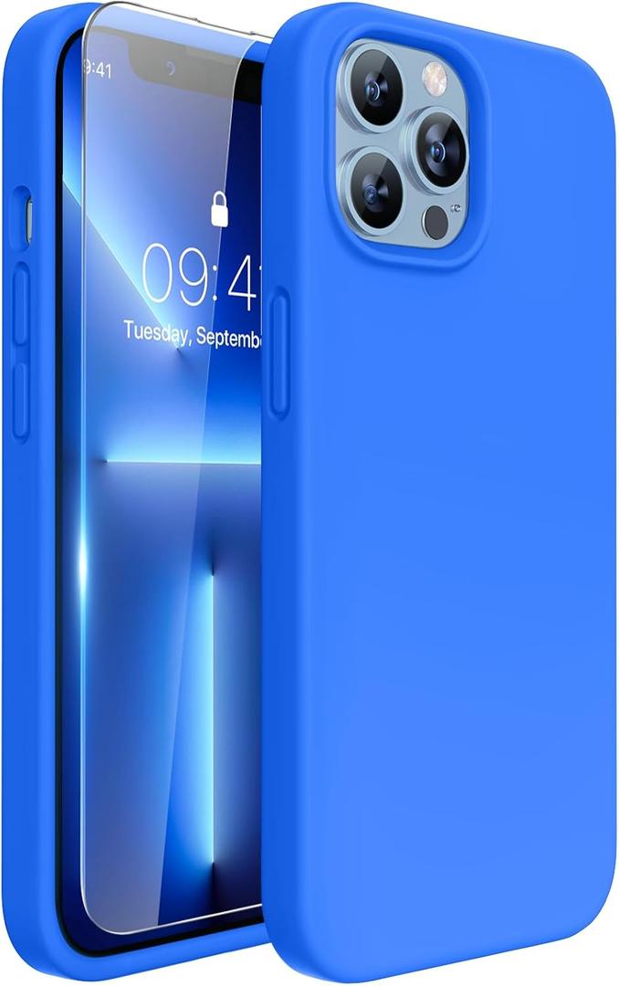 Miracase Designed for iPhone 13 Pro Max Case with Screen Protector,[Soft Anti-Scratch Microfiber Lining],Shockproof Liquid Silicone Rubber Phone Case Cover 6.7 inch, Mediterranean Blue