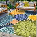 Colorful 8x10 Outdoor Area Rug Washable Multicolored Patio Rug Tropical Botanical Floral Chenille Waterproof Outdoor Carpet Non-Slip for Deck, Backyard, Porch, Green