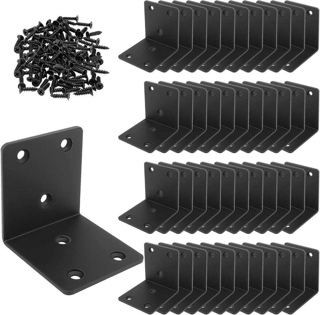 40PCS Black L Brackets Corner Bracket 2"x2"x2", Heavy Duty Corner Brace for Wood, Right Angle Brackets, 50MM 2Inch Wide 90 Degree Bracket for Wooden Frame Furniture Shelves Chairs