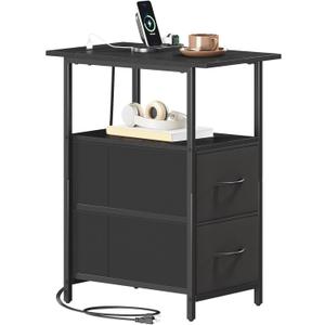 Somdot End Table with Charging Station, Narrow Side Table with 2 Fabric Drawers, Skinny Nightstand with Storage, Small Slim Bedside Table for Living Room, Sofa, Bedroom, Couch, Black