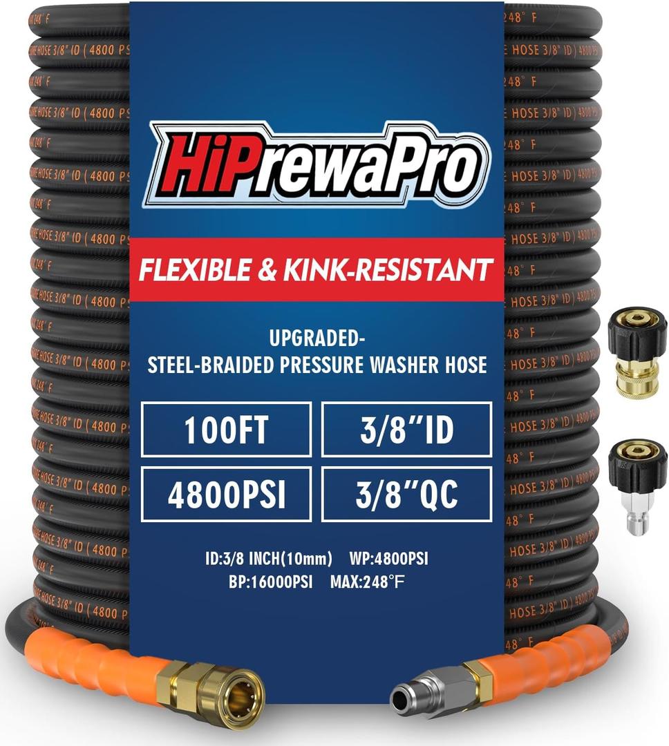 3/8" ID Pressure Washer Hose 100 ft, 4800 PSI Steel-Braided & Durable - Flexible & Kink-Resistant, Power Washer Hose with Swivel Quick Connect & M22-14mm Adapter, Hot/Cold Water Compatible