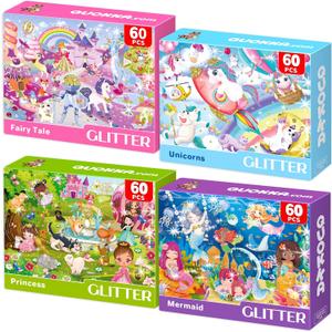 QUOKKA Puzzles for Kids Ages 4-6 - Set of 4x60 Jigsaw Puzzles for Toddlers 3-5 - Unicorn Princess Animals Toys for Children 6-8 yo - Gift Educational Game for Boys & Girls