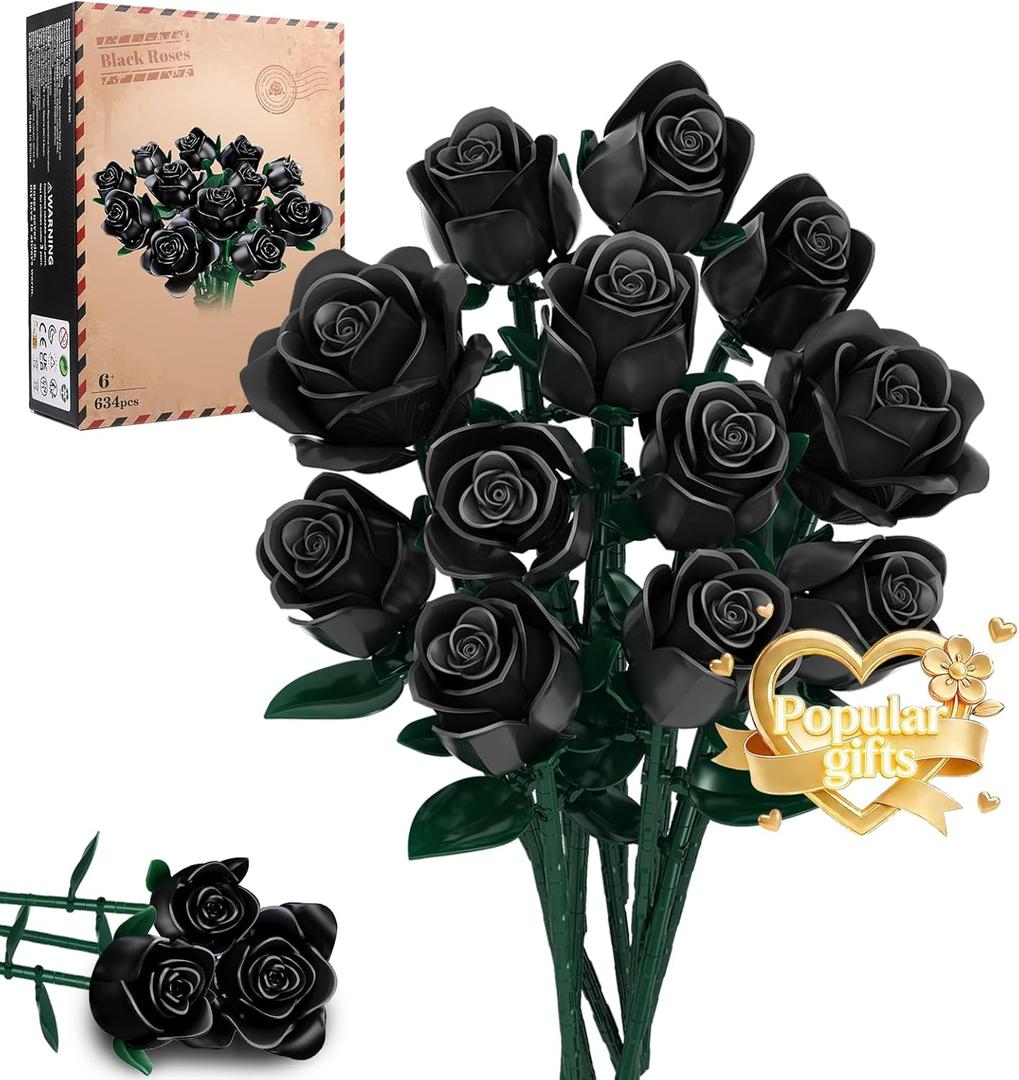 2 x Mother's Day Black Rose Building Blocks Bouquet, 634 PCS Artificial Flower Botanical Collection Building Set, Educational Toys for Girls Kids, Gift for Women Wife Adults