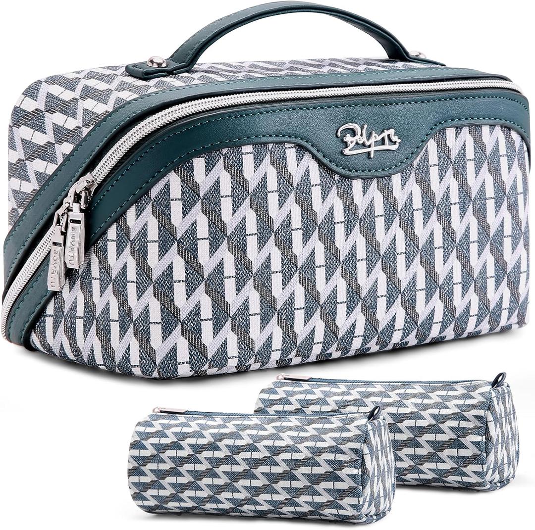 BOYATU Travel Makeup Bags for Women: Large Capacity Cosmetic Bag Set of 3 - Vegan Leather Make up Bags with Compartments - Wide Open Waterproof Toiletry Organizer Bag with Handle (B-01-Royal blue)