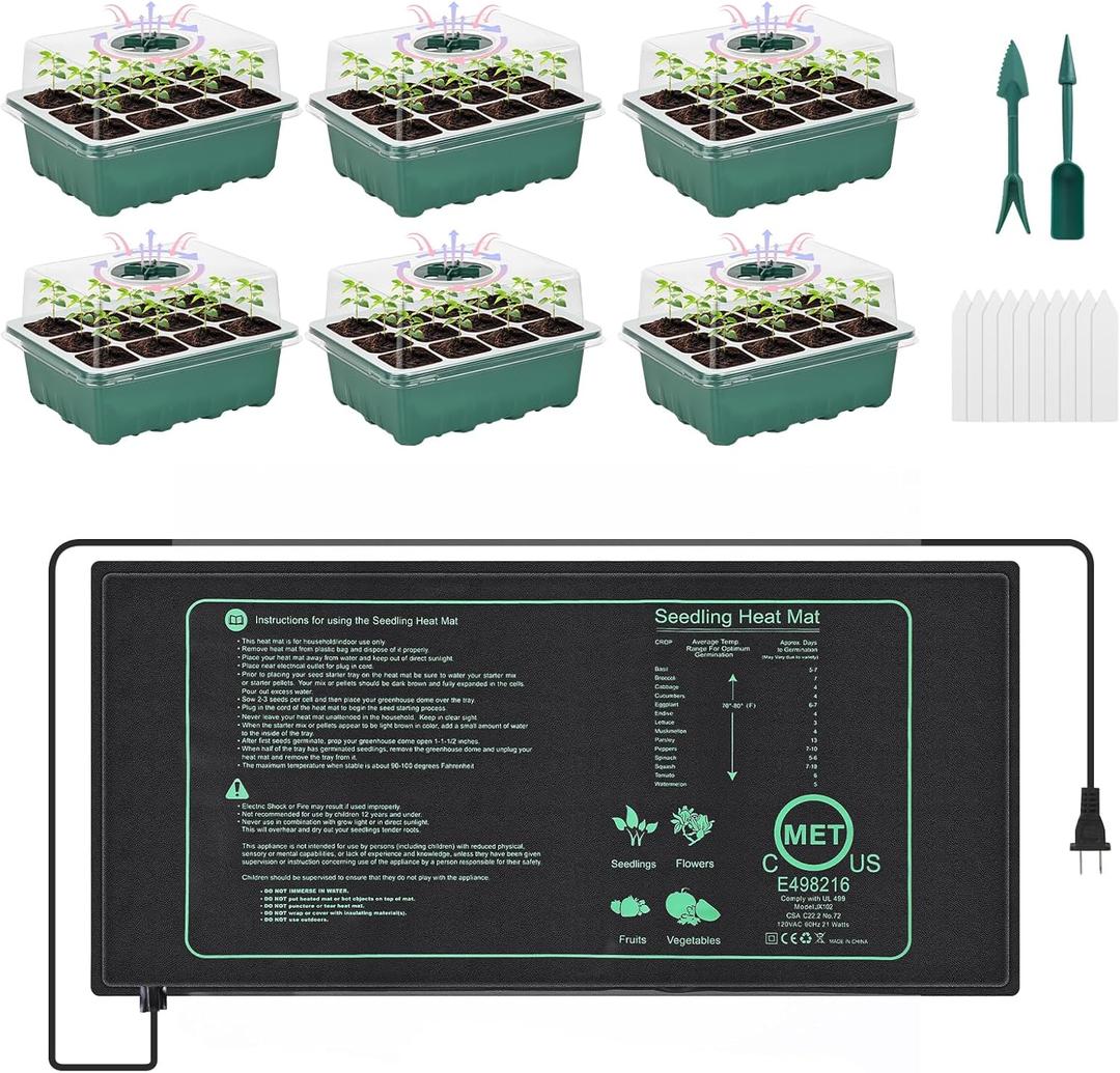 Sckee 6 Pack Seed Starter Tray with 10"x20.75" Seedling Heat Mat, Seed Starter Kit with Humidity Dome, Seed Starting Trays Plant Starter Kit and Base, Kit for Seeds Growing Starting