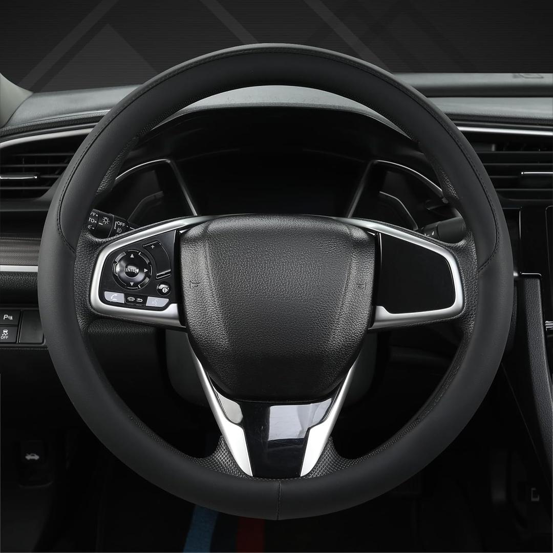 West Llama Thin Car Steering Wheel Cover, Universal 14.5-15 inch Nappa Leather Steering Wheel Cover, Ultra Thin, Anti-Slip, Breathable(Black-Standard Size)