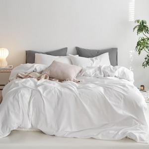 MooMee Queen Duvet Cover Set, 100% Washed Cotton Linen Like Twill Thick Sturdy Material Super Soft Breathable Durable Bedding for All Season, Queen, Off White