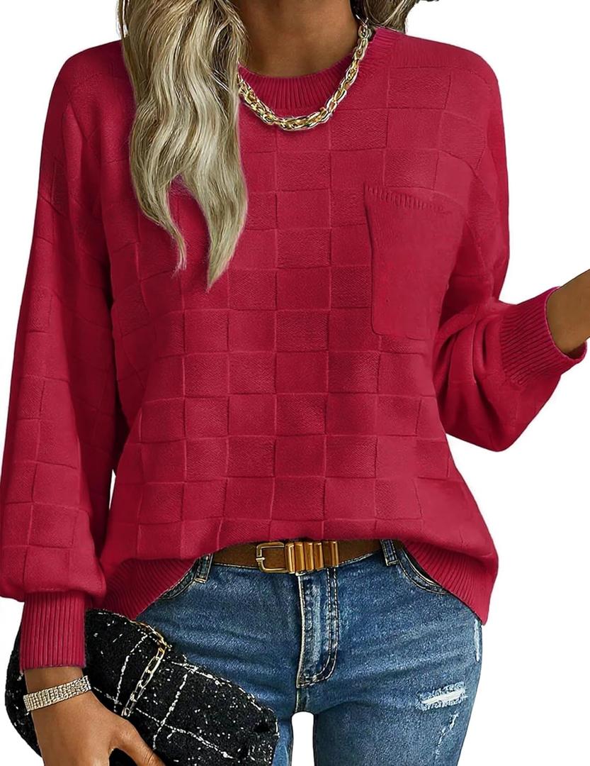 Womens Fall Fashion 2025 Lightwight Sweater, Crew Neck Dressy Casual Work Sweaters, Trendy Winter Knit Clothes (Small, Red)