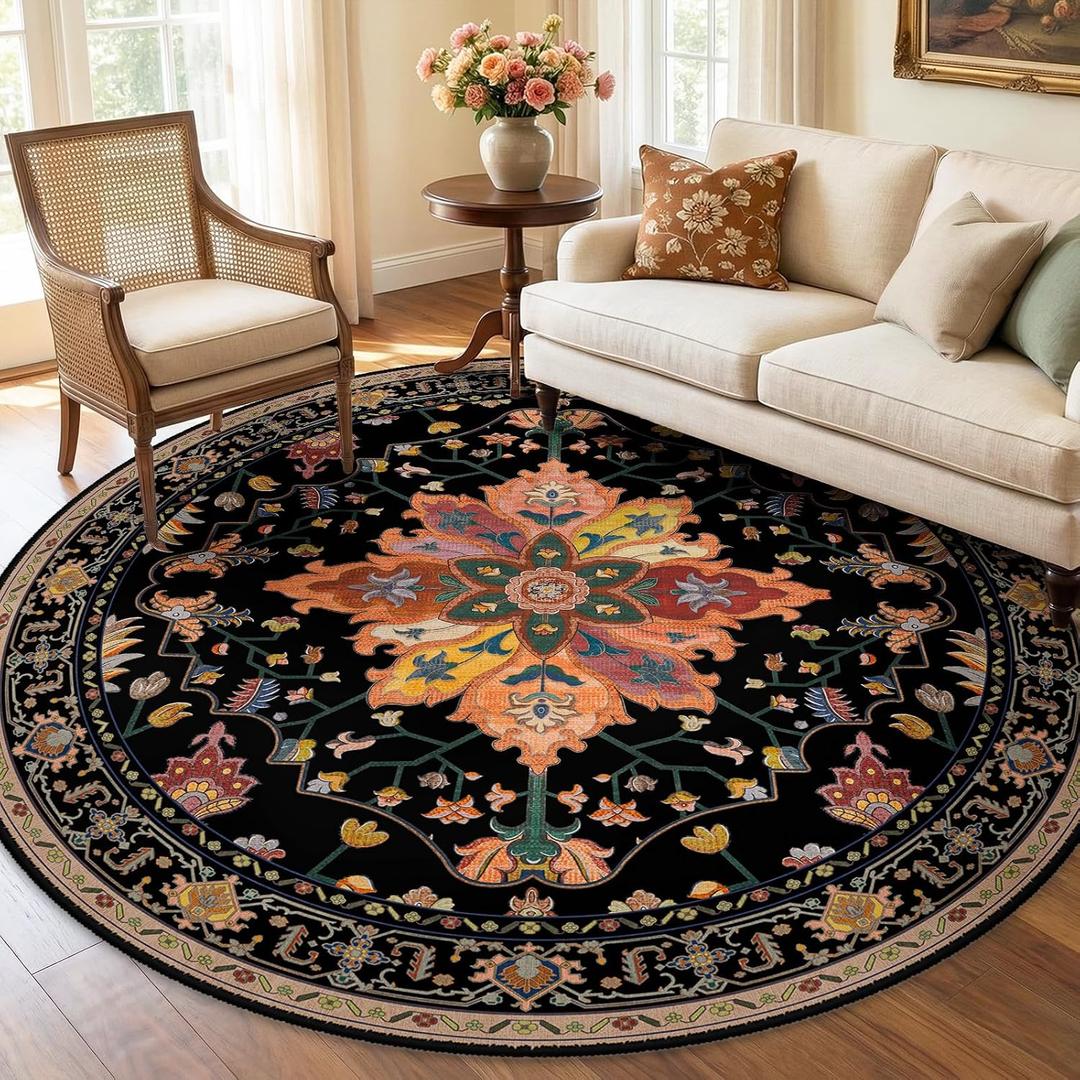 RELEANY Area Rugs 6ft Washable Non-Slip, Floral Vintage Distress Print Pattern Medallion Carpet for Living Room Bedroom Dining Room, Black Colorful Floral Dark Tan