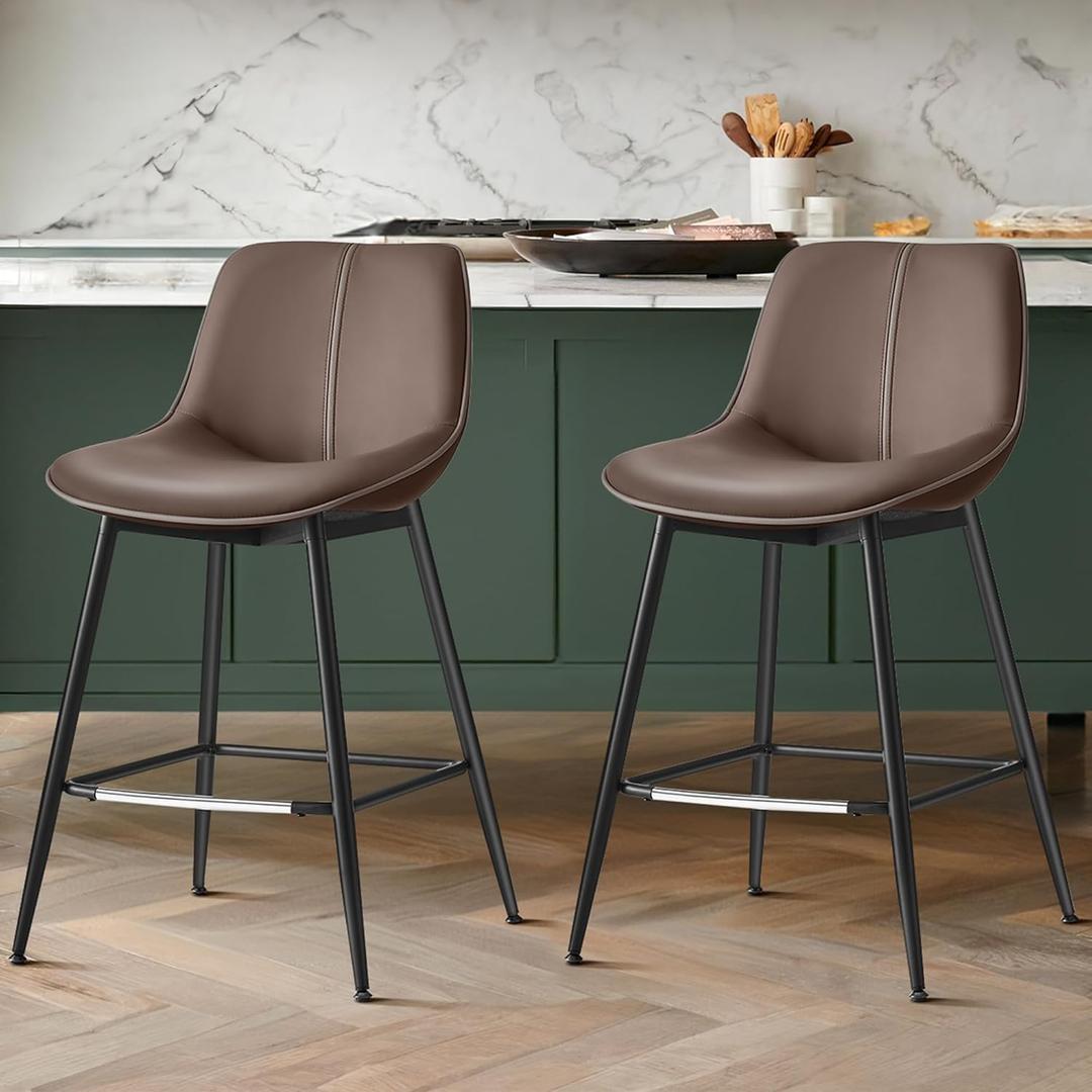 VASAGLE Bar Stools Set of 2, Counter Height Bar Stools with Back, Ergonomic Backrest, Synthetic Leather, Metal Legs, 24.8-Inch Tall Barstools for Kitchen Island Home Bar, Easy Assembly, Coffee Brown