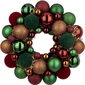 Christmas Ball Wreath 13" Xmas Wreaths Ornaments Glitter Thicken Shatterproof Garland Decoration for Door Wall Mantel Holiday Party Decor Burgundy and Green