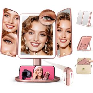 Mocado Makeup Mirror with Lights, 20X/7X/3X Magnifying Mirror with Light, Rechargeable & Height Adjustable Lighted Makeup Mirror, Vanity Mirror with 3 Colors Lights, Detachable Design(Rose Gold)