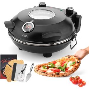 Electric-Pizza-Oven-Indoor, 12 Inches Countertop Cooker,800 Electric Pizza Maker with Timer, Ceramic Stone, Viewing Window, Complete Accessory Kit, Black, XL