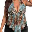 SOLY HUX Women's Plus Size Halter Tops Y2k Leopard Animal Print Deep V Neck Peplum Ruffle Asymmetrical Summer Top Brown Leopard 3X-Large Plus