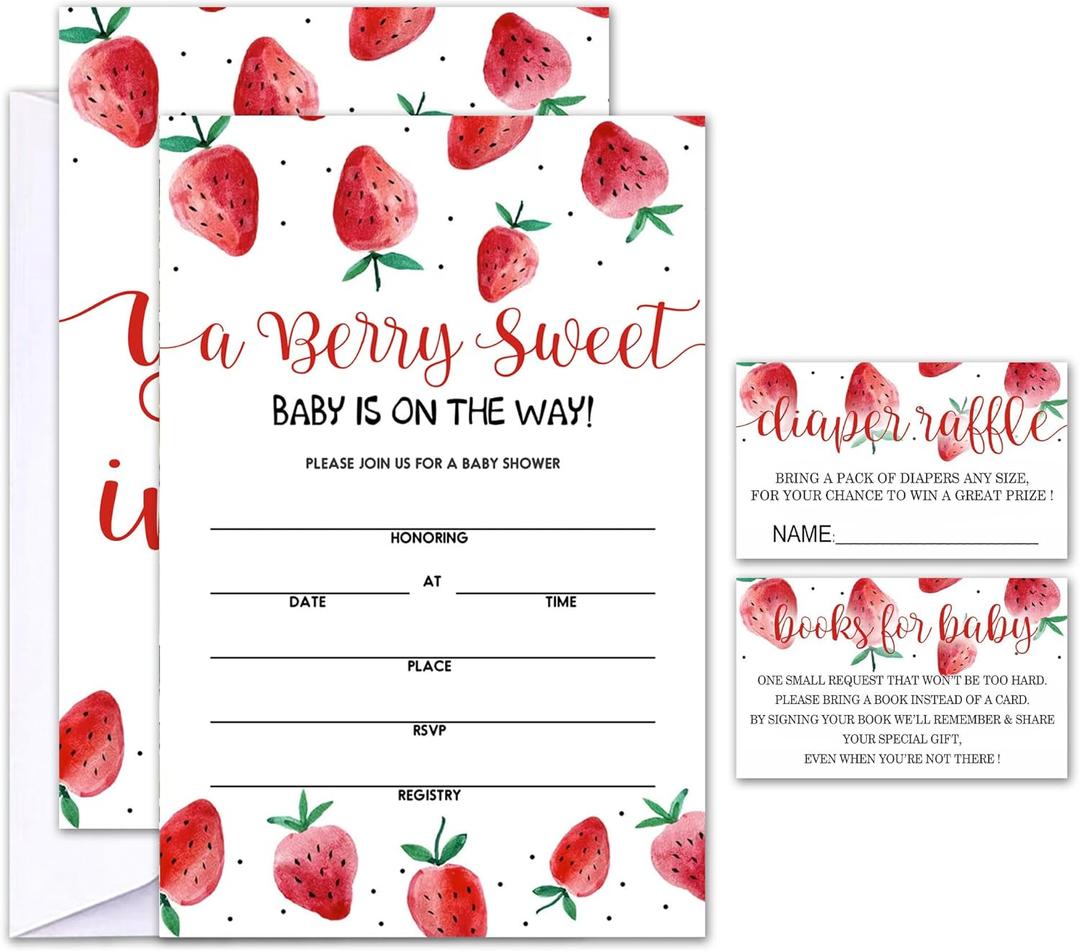 Set of 25 Baby Shower Invitations with Envelopes, Diaper Raffle Tickets and Baby Shower Book Request Cards, Berry sweet