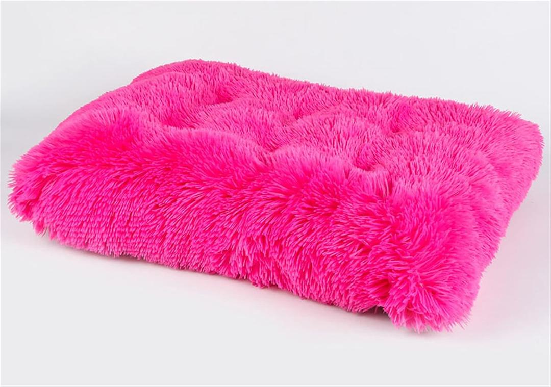 Liveinu Long Plush Calming Pet Bed Cuddler Pet Bed for Dogs and Cats Fluffy Faux Fur Dog Bed with Anti Slip Bottom Machine Washable Pet Sleep Bed Crate Mat Hot Pink M (25"x19"x4")