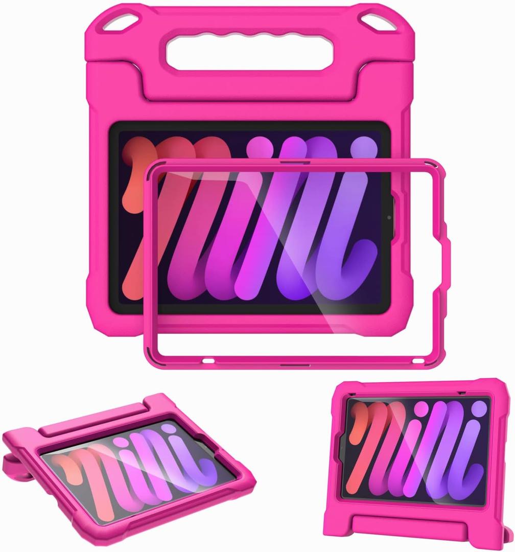 Kids Case for iPad Mini 7th&6th Generation 8.3-inch 2024/2021 Release, with Built-in Screen Protector, Shockproof Lightweight Handle Stand Case for iPad Mini 8.3" Latest Cover (Rose)