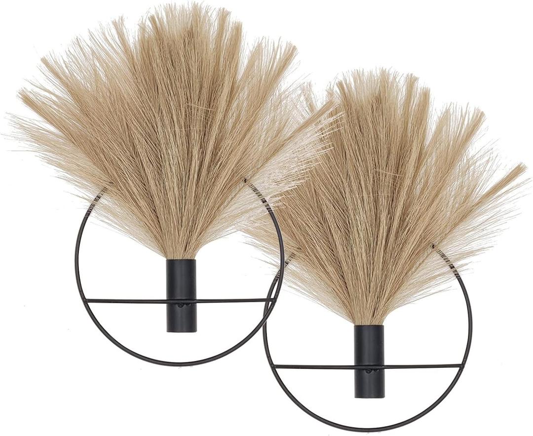 Pretty Jolly Boho Wall Decor, Wall-Mounted Metal Art, Hanging Artificial Pampas Display, Living Room, Bedroom, Bathroom, Diningroom, Fake Faux Plant 2 Pack Black Brown (S 7.8inch (Black Ring), 01-pampas-coffee)