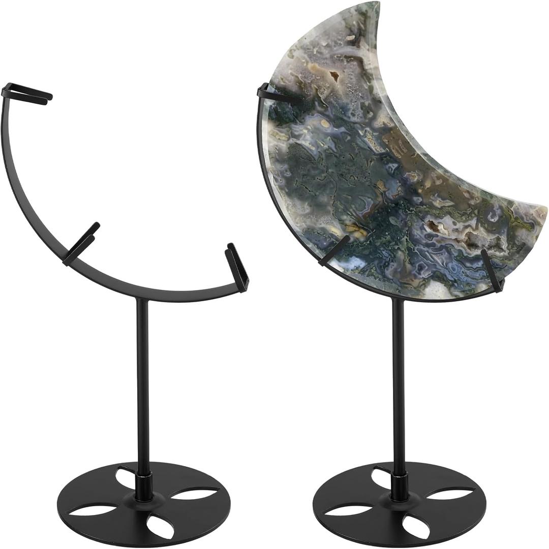 Moxweyeni 2 Pcs Crystal Moon Stand Adjustable Metal Crystal Display Holder Moon Shaped Small Display Easel Stands for Gemstones Geodes Mineral Agate Home Office Decor(Black)