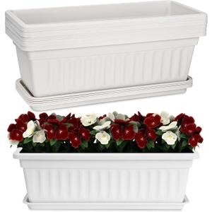 HOXHA Window Box Planter, Plastic Vegetable Flower Planter Boxes with Tray, Rectangular Indoor and Outdoor Flower Pots for Windowsill, Patio, Porch, Garden Balcony (White 6 Pack)