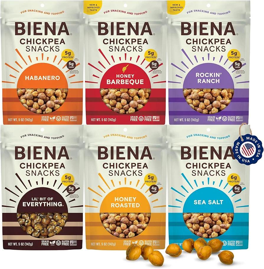 BIENA Chickpea Snacks - Crunchy Roasted Chickpeas - High Fiber Vegan Protein Snack for Adults & Kids - 6-Pack, 5 oz Bags - BBQ, Habanero, Honey Roasted, Lil' Bit of Everything, Sea Salt, Rockin' Ranch, EXP. 07/23/2026
