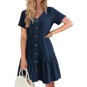 HOTOUCH Women Button Down Dress Loose Summer Cotton Linen Dress Ruffle Hem Casual Dress Short Sleeve Tunic Dress Size M