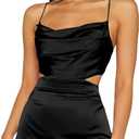 Verdusa Women's Draped Cut Out Crisscross Tie Backless Satin Cami Dress (Medium, Black)