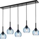 5 Light Island Lighting Fixtures Hanging with Blue Striped Swirl Globe Glass, Black Linear Hanging Pendant Light Fixture Farmhouse Chandelier for Dining Room Bar Living Room