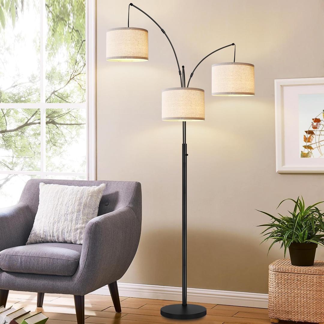 Dimmable Floor Lamp - 3 Lights Arc Floor Lamps for Living Room, 1000LM Modern Tall Standing Lamp with White Shades & Heavy Base, Mid Century Tree Floor Lamp for Bedroom Office, 3 LED Bulbs Included (Matte Black-White Linen Shades)