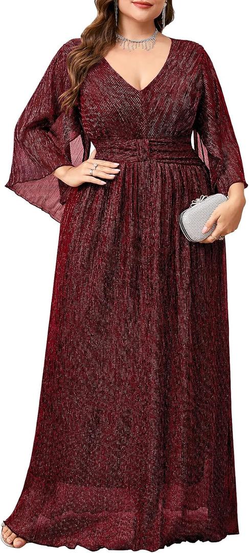 Plus Size Formal Dress Maxi Sparkly V Neck A-line Handkerchief Sleeve Evening Gown Wedding Guest Cocktail Gala, 3XL