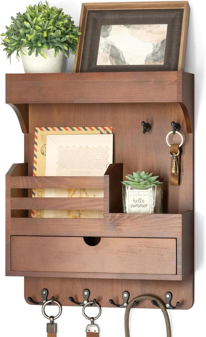 Rebee Vision Farmhouse Key Holder Wall Mount with Drawer Organizer Pine Wooden Mail and Key Organizer for Wall with 6 Sturdy Hooks & Floating Shelf Perfect for Retro Living Room Decor (Brown)
