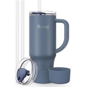 Renoj Insulated Mug 100% Spill Resistant Insulated Water Bottle for Iced Coffee & Hot Drinks - Fits Car Cup Holder, Ideal Gift, 2 Straws & Silicone Boot - FlexSlide Navy Blue 32 oz (EXP 07/12/25)