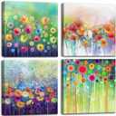Flowers Bathroom Decor Canvas Wall Art, Colorful Floral Artwork Painting Prints Modern Pictures Framed for Bedroom Office Living Room Decorations - 12"x12"x4 panel