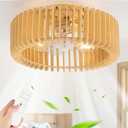 Wood Caged Ceiling Fans with Lights and Remote,Farmhouse Flush Mount Ceiling Fan with Light, Rustic Ceiling Fans Low Profile Bladeless Wooden Fandelier for Bedroom,Dining Room,Kitchen(‌Natural)