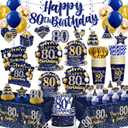 169pcs 80th Birthday Decorations Tableware Set with Plates, Napkins, Cups, and Tablecloth Set, Banner, Hanging Swirls 80th Birthday Decorations for Men, Gold and Blue Cheers to 80 Years for 25 Guests