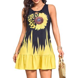 Summer Dresses: Rope Tie Neck Sleeveless Pockets Sundresses - Chic & Casual Dress for Women on Beach Time (S, Black/Yellow)