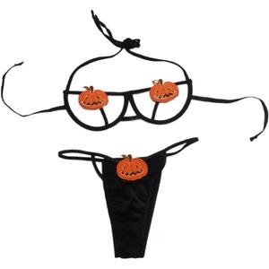 Halloween Lingerie Sexy Pumpkin Bikini Anime Devil Cosplay Costume Goth Harness Bra and Panty Set Festivals Rave Outfit Black