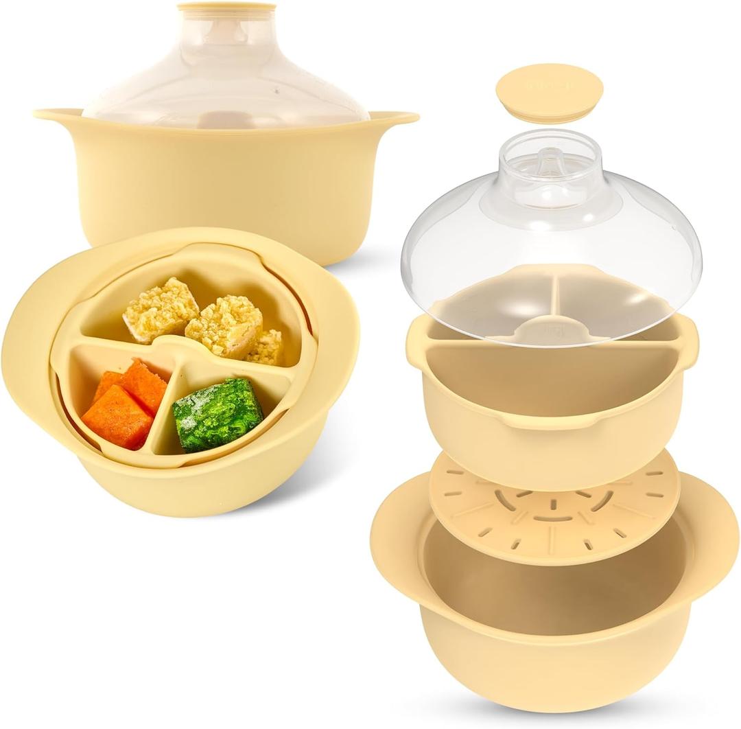 48oz Platinum Silicone 3 Compartmented Microwave Steamer Pot with Handle & Lid - Korean 100% Food-Grade Steamer Bowl, Heat-Resistant Cooker with Steam Holes, Easy Clean, Dishwasher Safe, Yellow