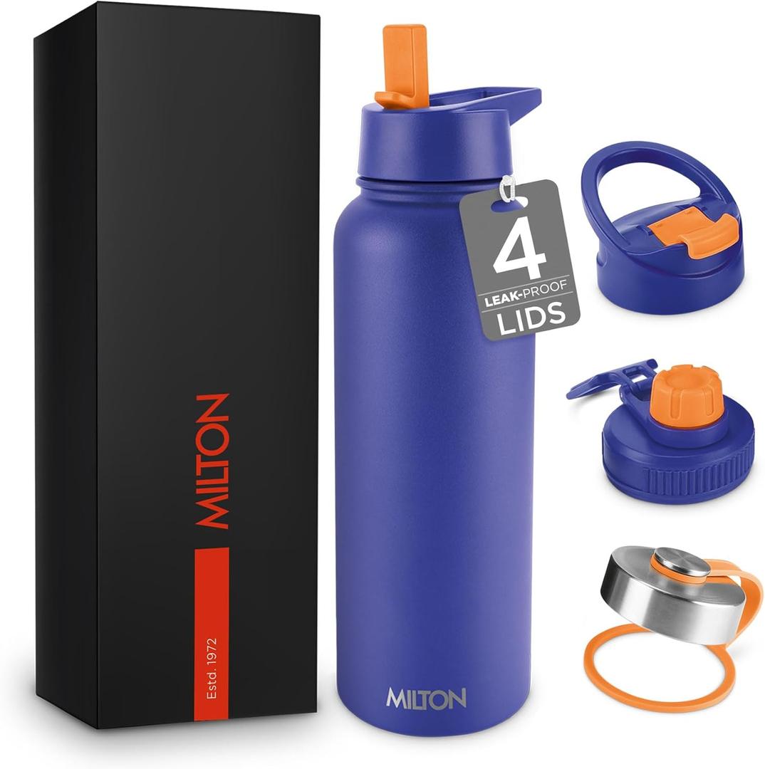 Milton 40 Oz Insulated Water Bottle With Leakproof 4 Lids, Stainless Steel Double Walled Vacuum Insulated Thermos, 12 Hour Hot, 24 Hrs Cold, Metal Travel Thermal Mug for Sports, Gym, Flassio, Blue