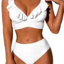 ZAFUL Women's Ruffle Bikini Sets High Waisted Striped V Neck High Cut Swimsuit Two Piece Bathing Suits (White, L)