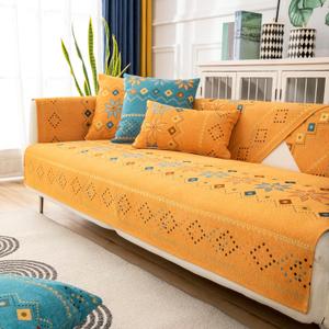 Boho Chenille Couch Covers,Geometric Couch Covers for Sofa,Chenille Couch Cover Non Slip,Sectional l Shaped Sofa Furniture Protector Cover for Home Decor,Orange_2 Seat 43x70in/110x180cm