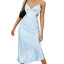 Satin Slip Backless Midi Dress for Wedding Guest Silk V Neck Cut Out Tie Back Long Dresses for Women 2023 White