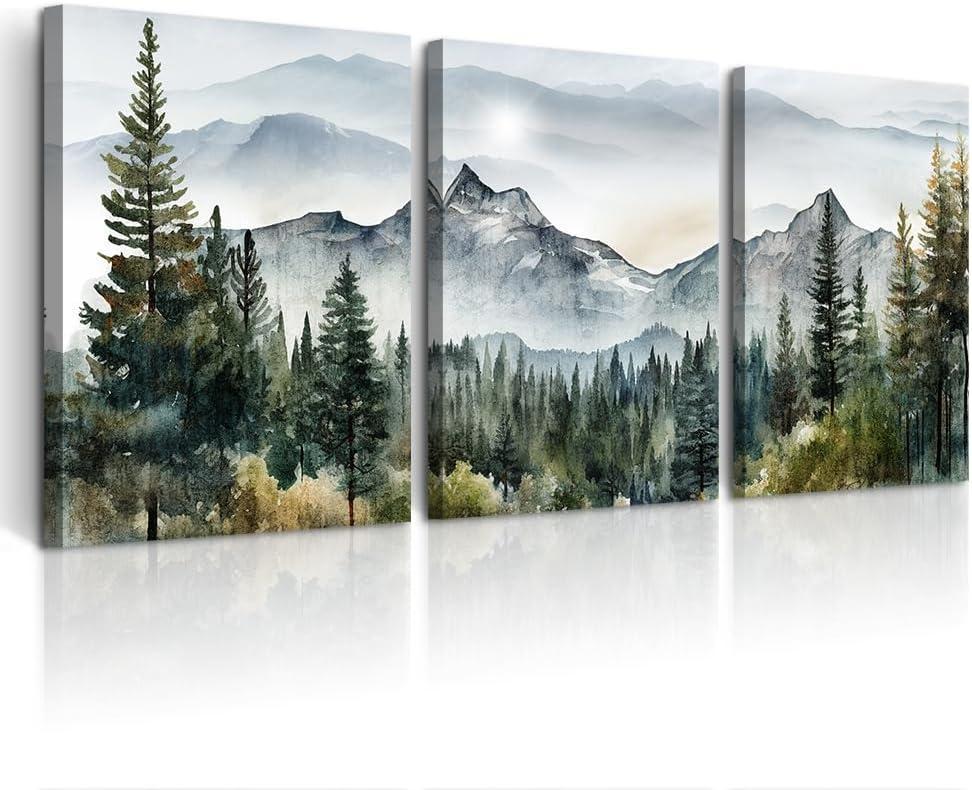 DZRWUBHS Wall Art for Living Room Wall Decor for Bedroom Office Decor Abstract Mountain Forest Landscapes Ink Painting 3 Piece Framed Canvas Art Prints Ready to Hang Wall Pictures Modern Home Decor (12x16inches*3pcs, Foggy Forest Wall Painting)
