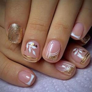 3 x Short Press Gold Glitter False Nails with Gold Line White Leaves Design - Glue on Nails Full Cover Glossy Acrylic Pink - 24 Pcs