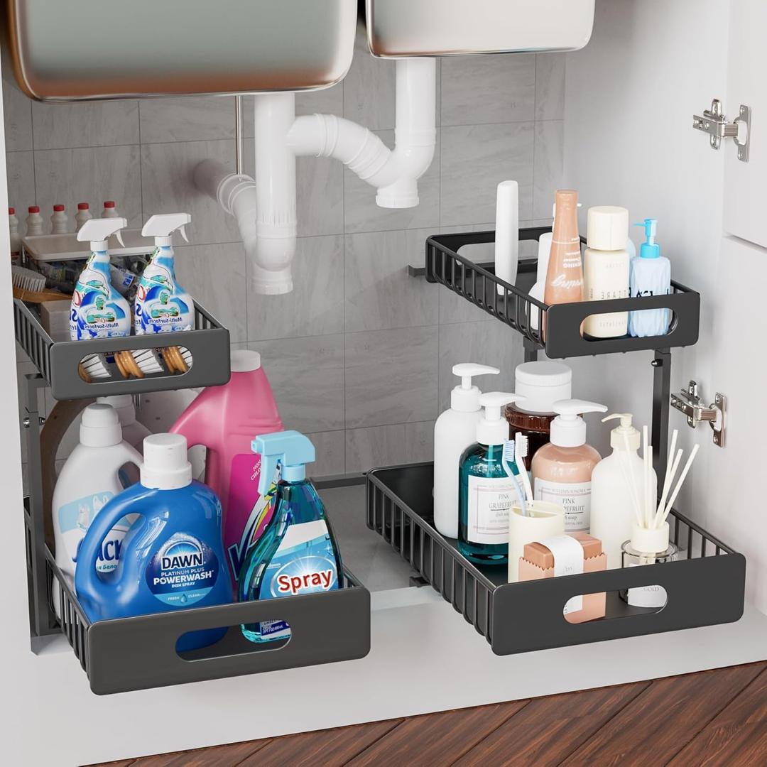 HBL' 2-Pack Large Metal Under Sink Organizer, 2-Tier Slide-Out Under the Kitchen Sink Organizer and Storage,Height Adjustable Under Sink Storage Shelves for Bathroom.