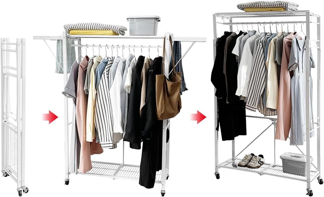 lumizone Folding Clothing Rack with Wheels Expandable Wardrobe Portable Clothes Rack for Hanging Clothes Adjustable Closet Shelves Garment Rack Durable Closet Racks for Hanging Clothes(White) (White)