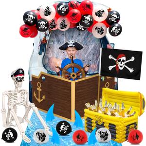 27 Pcs Halloween Pirate Trunk or Treat Car Decorations Kit Include Skeleton Hat Blindfold Flag Spider Web Treasure Box Ship Plank Steering Wheel Seawater Shark Decor Balloons for Outdoor SUV Garage
