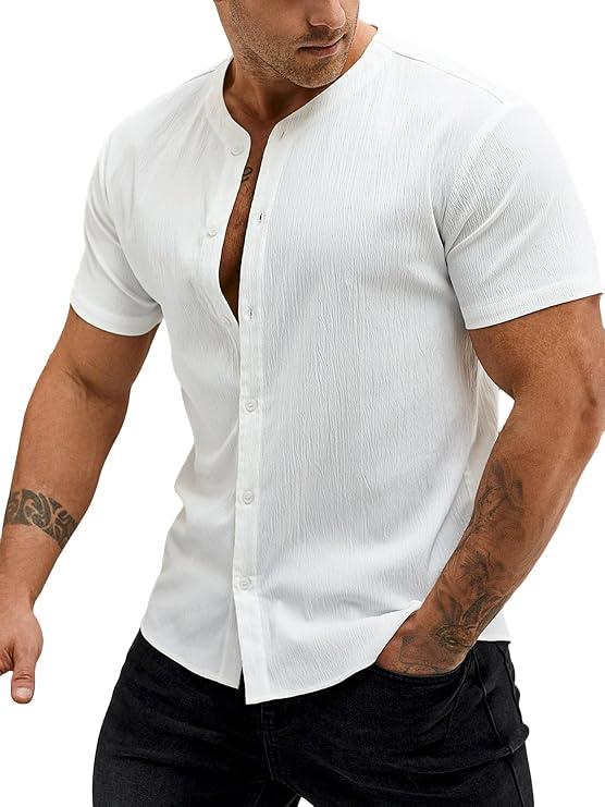 WDIRARA Men's Button Front Short Sleeve Shirt Casual Round Neck Tops, L